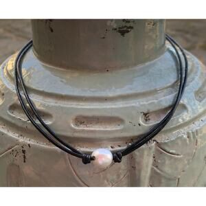Black Leather Necklace with Single Pearl